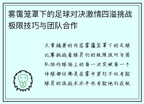 雾霭笼罩下的足球对决激情四溢挑战极限技巧与团队合作