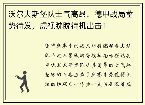 沃尔夫斯堡队士气高昂，德甲战局蓄势待发，虎视眈眈待机出击！