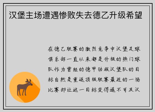 汉堡主场遭遇惨败失去德乙升级希望