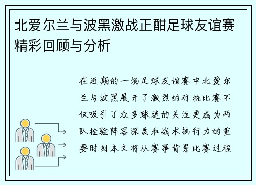 北爱尔兰与波黑激战正酣足球友谊赛精彩回顾与分析