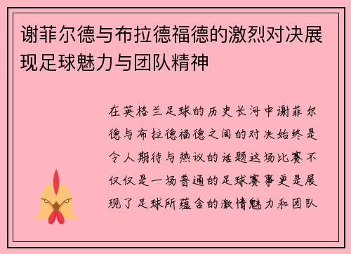 谢菲尔德与布拉德福德的激烈对决展现足球魅力与团队精神