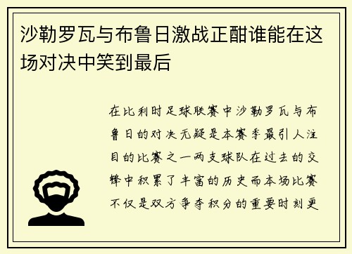 沙勒罗瓦与布鲁日激战正酣谁能在这场对决中笑到最后