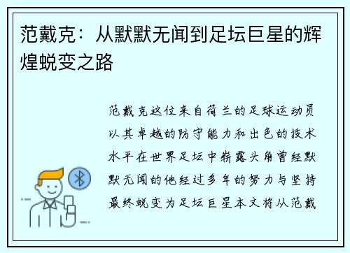 范戴克：从默默无闻到足坛巨星的辉煌蜕变之路