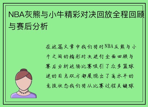 NBA灰熊与小牛精彩对决回放全程回顾与赛后分析