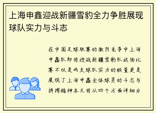 上海申鑫迎战新疆雪豹全力争胜展现球队实力与斗志