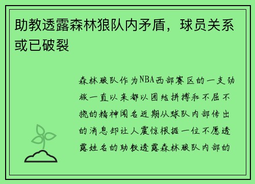 助教透露森林狼队内矛盾，球员关系或已破裂
