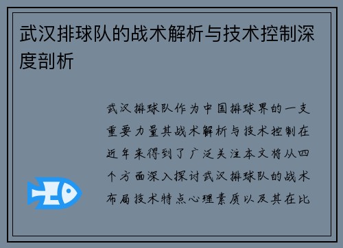 武汉排球队的战术解析与技术控制深度剖析